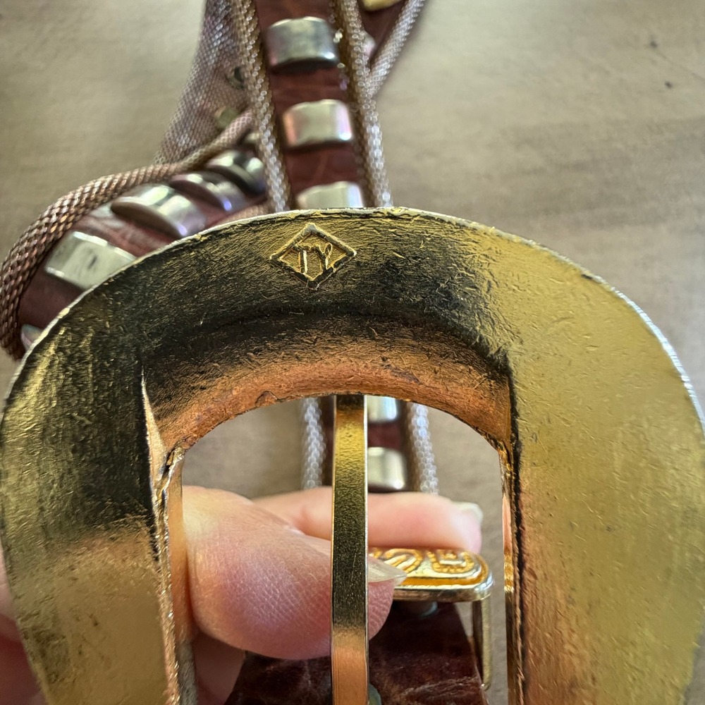 Vintage Brown Croc Leather Western Belt Brass Metal Mesh Studs Ornate Buckle 30" - Picture 13 of 13